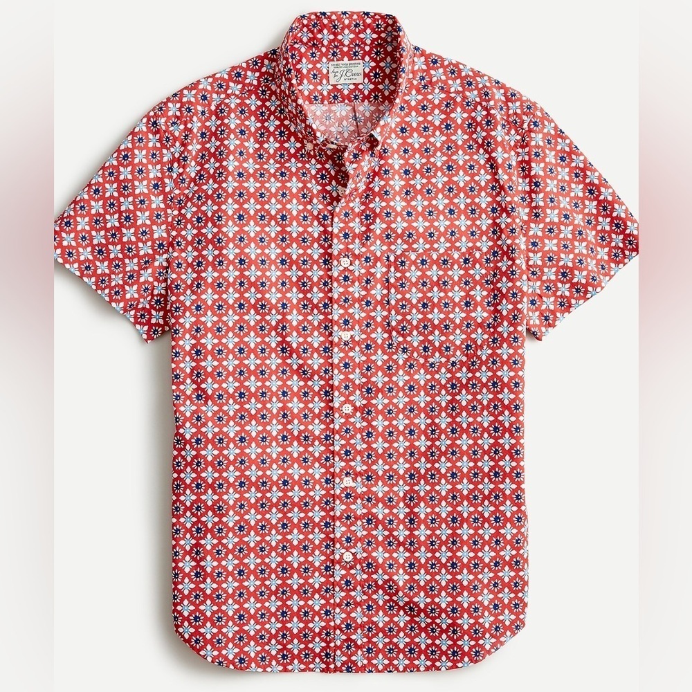 J Crew Mens Small Red Tile Print Classic Fit Button Up‎ Shirt Organic Cotton